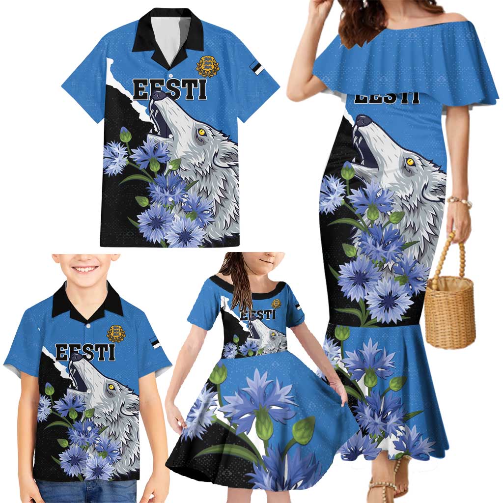 Personalised Estonia Family Matching Mermaid Dress and Hawaiian Shirt Grey Wolf Cyanus Flowers - Wonder Print Shop