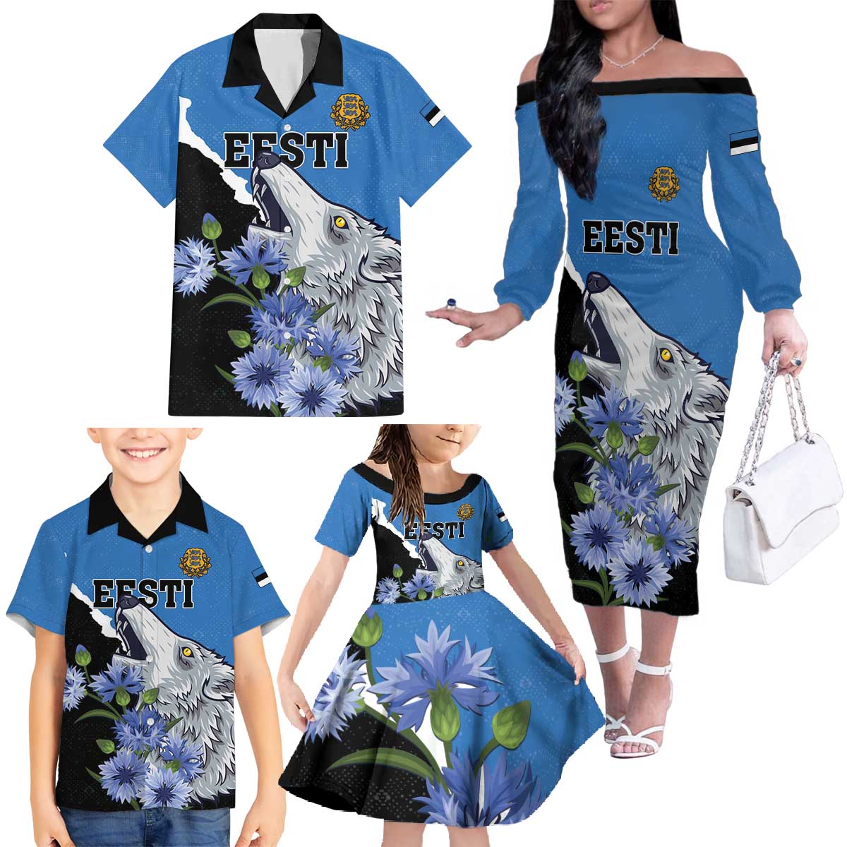 Personalised Estonia Family Matching Off The Shoulder Long Sleeve Dress and Hawaiian Shirt Grey Wolf Cyanus Flowers - Wonder Print Shop