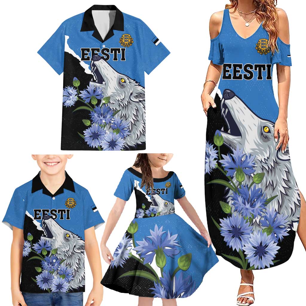 Personalised Estonia Family Matching Summer Maxi Dress and Hawaiian Shirt Grey Wolf Cyanus Flowers - Wonder Print Shop