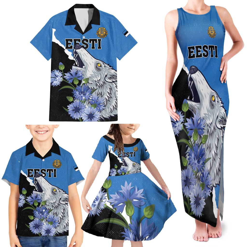 Personalised Estonia Family Matching Tank Maxi Dress and Hawaiian Shirt Grey Wolf Cyanus Flowers - Wonder Print Shop