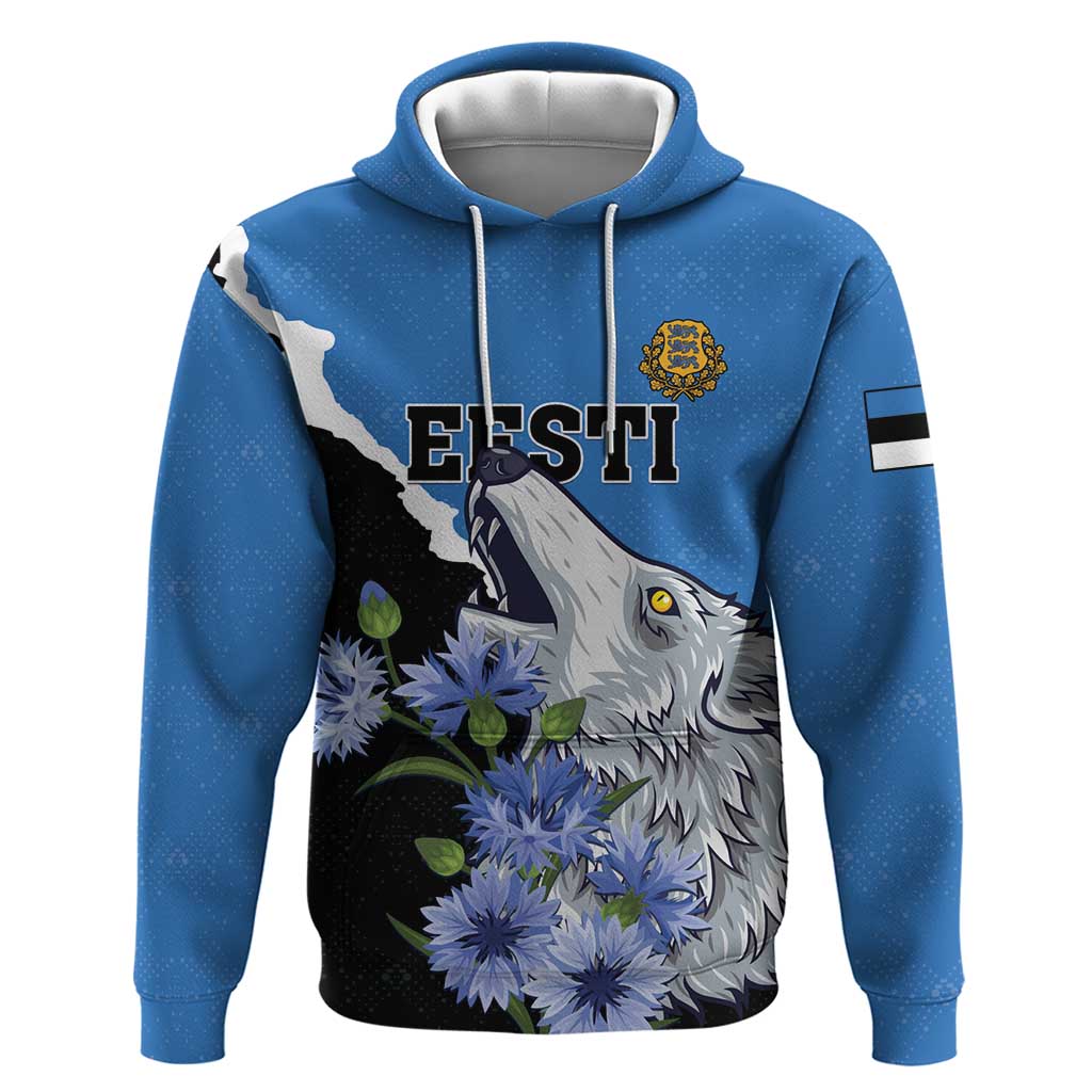 Personalised Estonia Hoodie Grey Wolf Cyanus Flowers - Wonder Print Shop