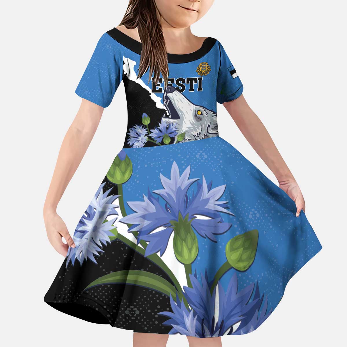 Personalised Estonia Kid Short Sleeve Dress Grey Wolf Cyanus Flowers - Wonder Print Shop