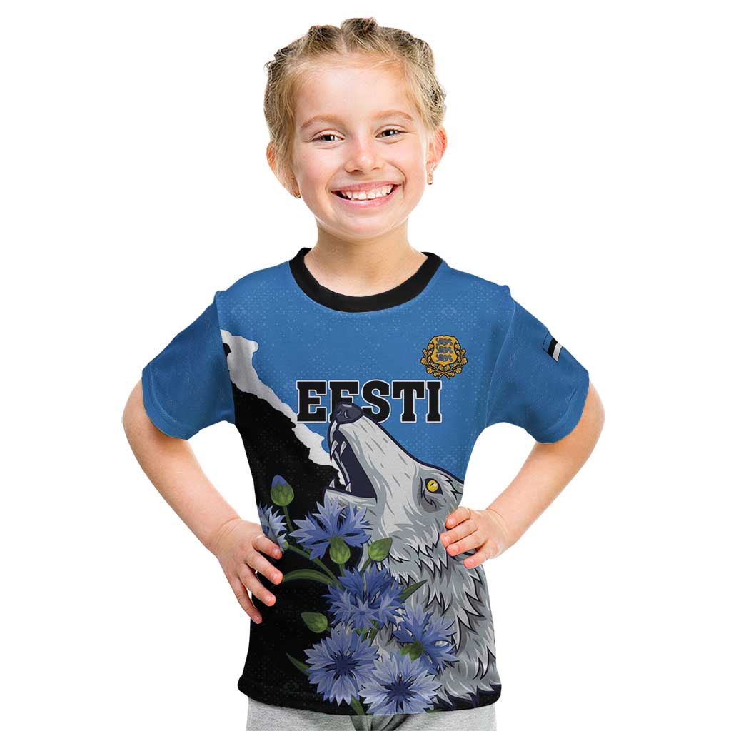 Personalised Estonia Kid T Shirt Grey Wolf Cyanus Flowers - Wonder Print Shop