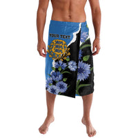 Blue swim shorts with floral pattern, wolf crest, and custom text panel