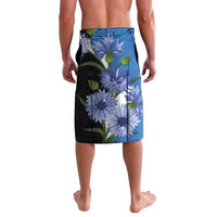 Blue floral swim shorts with black side panels and elastic waistband