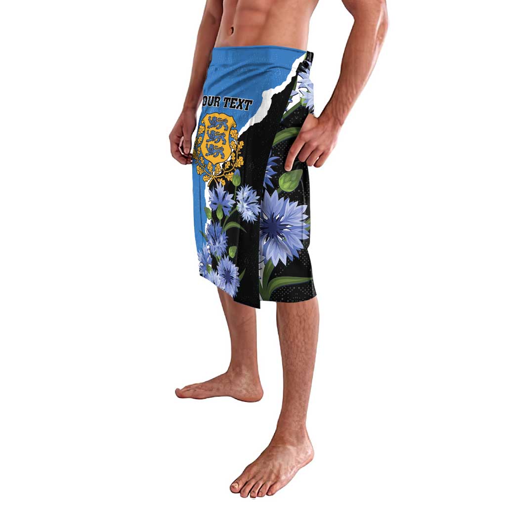 Blue swim shorts with large blue flower print, wolf crest, and custom text