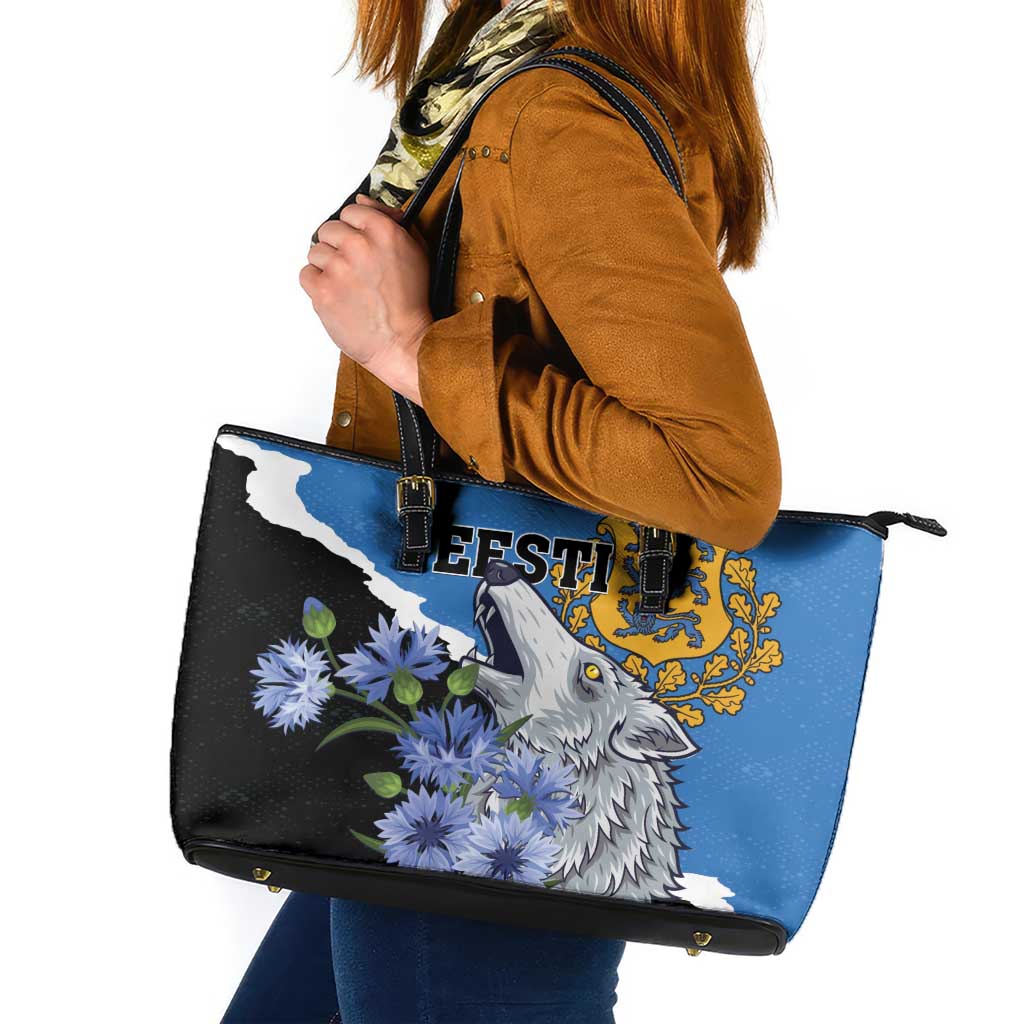 Estonia Leather Tote Bag Grey Wolf Cyanus Flowers - Wonder Print Shop