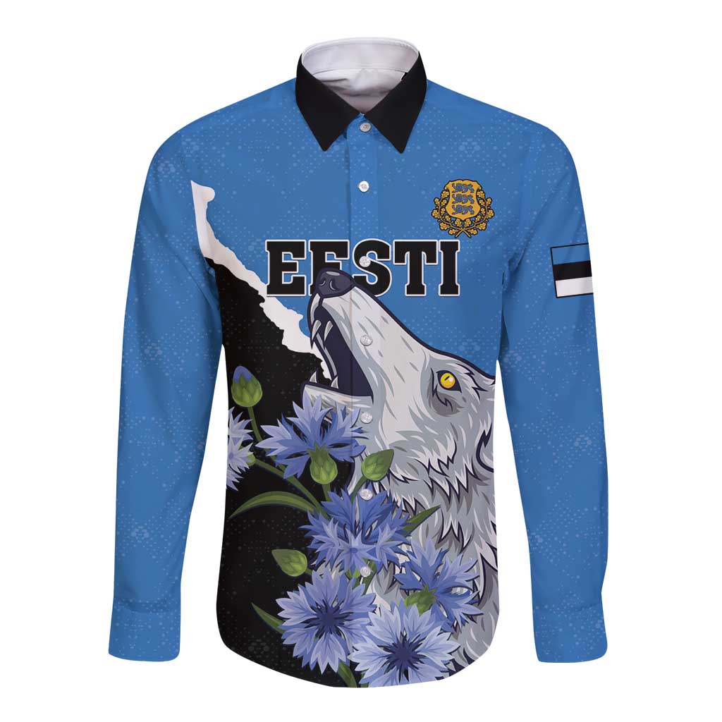 Blue long-sleeve button shirt with black collar and wolf floral graphic, front print