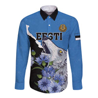 Blue long-sleeve button shirt with black collar and wolf floral graphic, front print