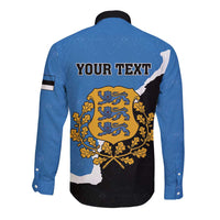 Blue long-sleeve button shirt, back print with coat of arms and space for YOUR TEXT