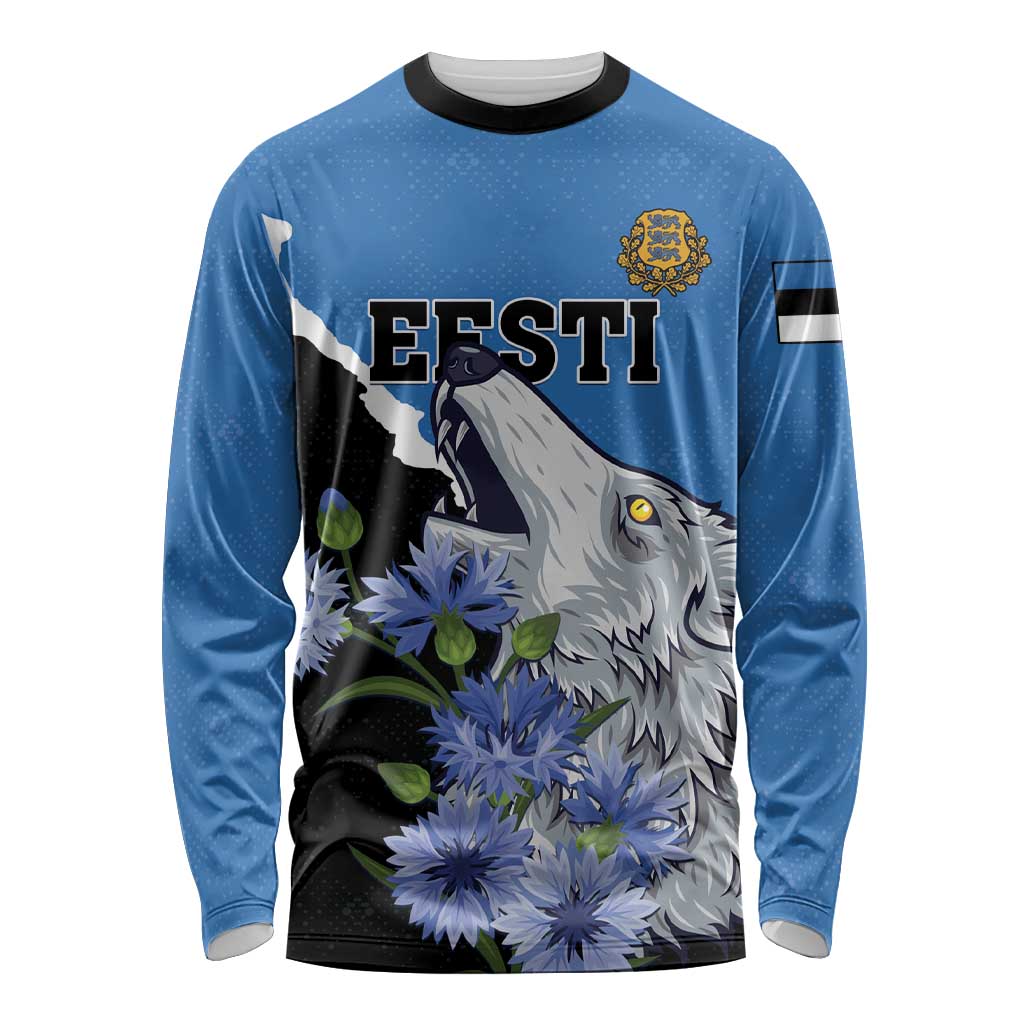 Personalised Estonia Long Sleeve Shirt Grey Wolf Cyanus Flowers - Wonder Print Shop