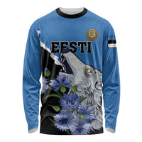 Blue long-sleeve shirt with wolf, blue flowers, and ESTI print