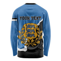 Blue long-sleeve shirt back with YOUR TEXT, Estonia crest, and leaf graphics