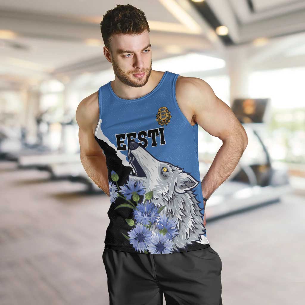 Personalised Estonia Men Tank Top Grey Wolf Cyanus Flowers - Wonder Print Shop