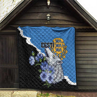 Quilt hanging in doorway alcove: blue, black, diagonal white stripe with wolf and blossoms