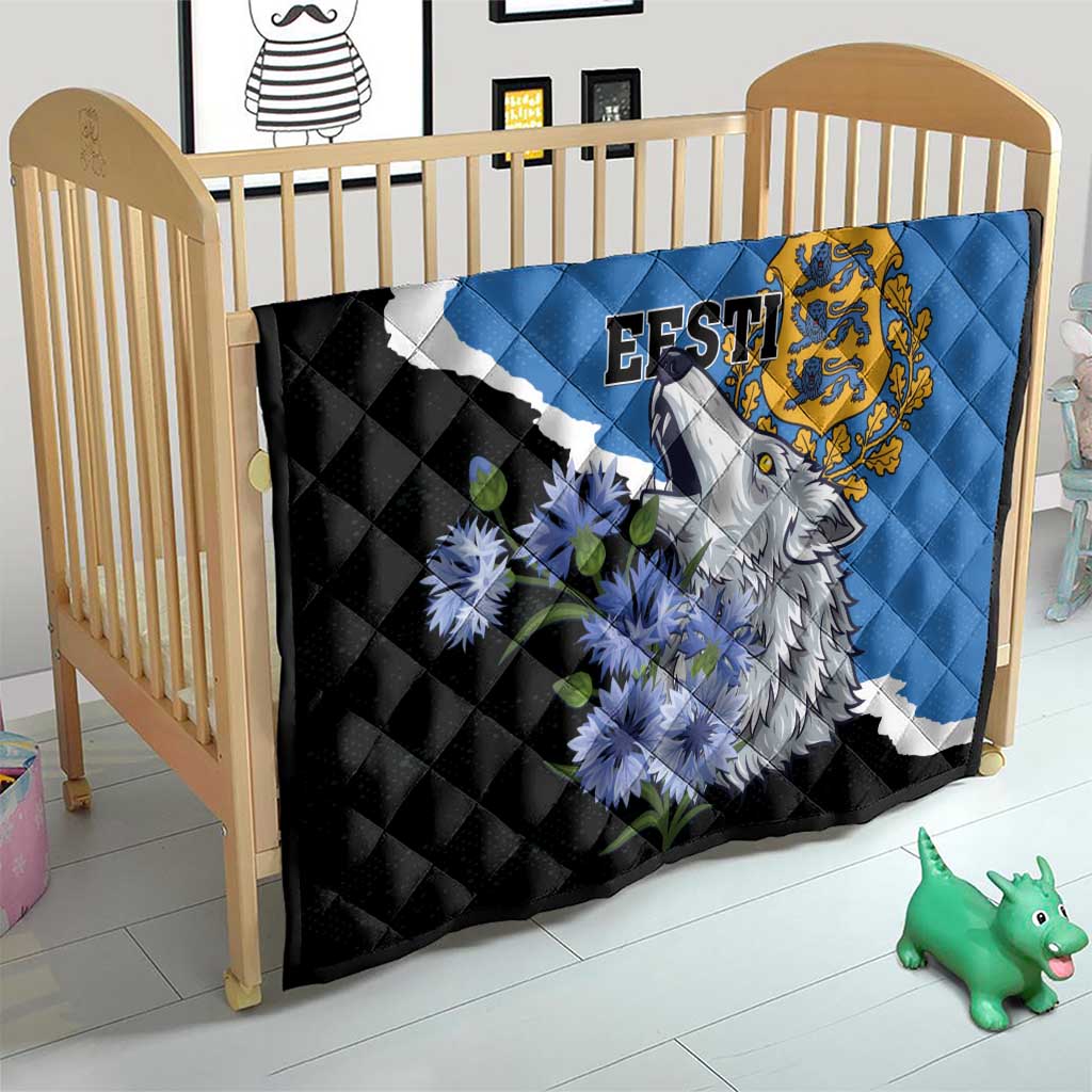Children's quilt for crib: blue, black and diagonal white stripe with wolf and flowers