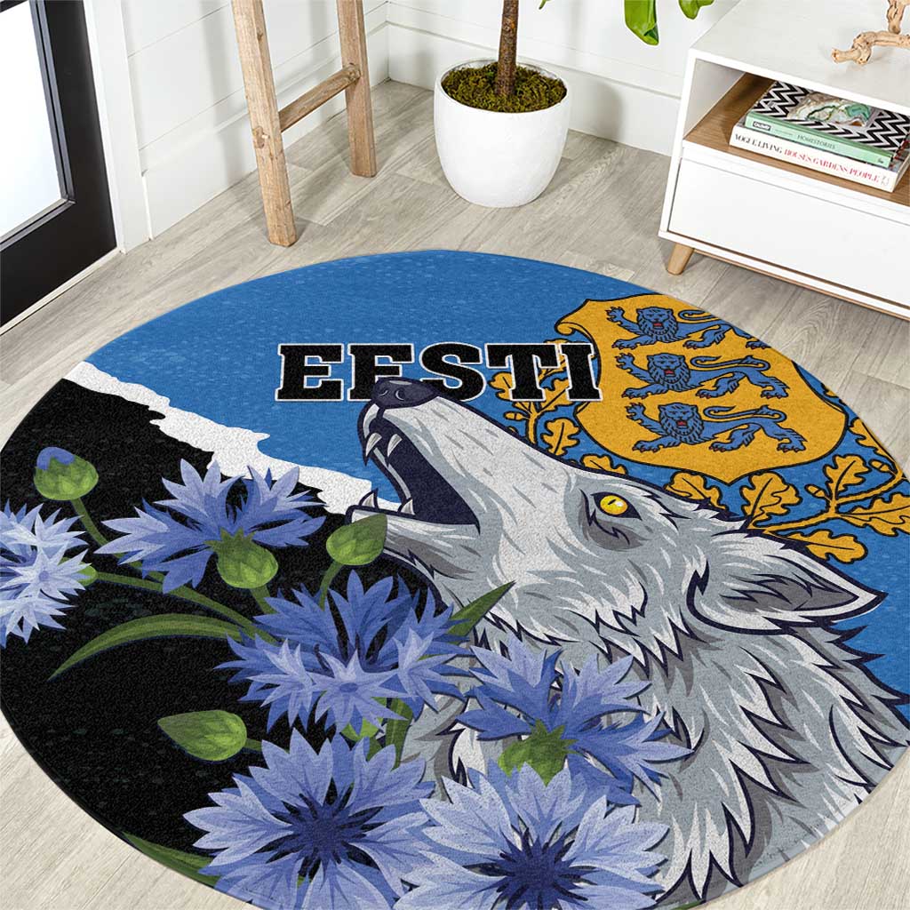 Round area rug, blue EFSTI lettering, grey wolf face with blue flowers and green leaves