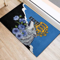 Blue and black rubber doormat with wolf and blue flower graphics and Esti crest