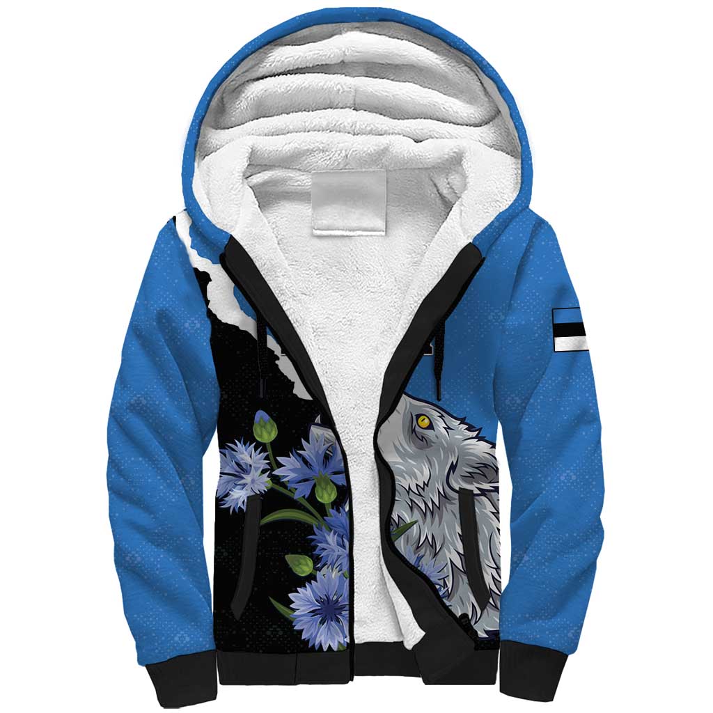 Personalised Estonia Sherpa Hoodie Grey Wolf Cyanus Flowers - Wonder Print Shop