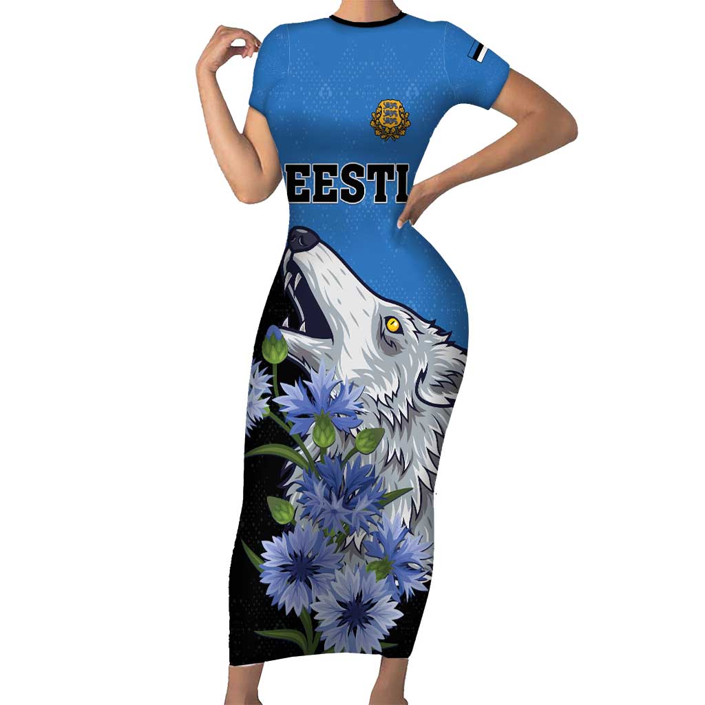 Personalised Estonia Short Sleeve Bodycon Dress Grey Wolf Cyanus Flowers - Wonder Print Shop