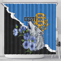 Hanging shower curtain featuring a wolf face, blue flowers, and Estonia crest on blue/black/white