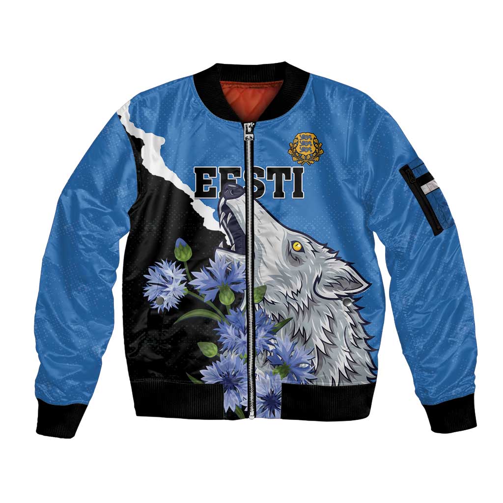 Personalised Estonia Sleeve Zip Bomber Jacket Grey Wolf Cyanus Flowers - Wonder Print Shop