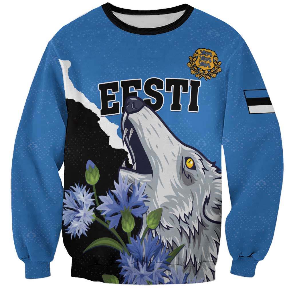 Personalized blue crewneck sweatshirt with wolf, flowers, and Estonia graphic