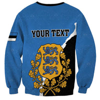 Personalized blue crewneck sweatshirt back with 'YOUR TEXT' and shield graphic