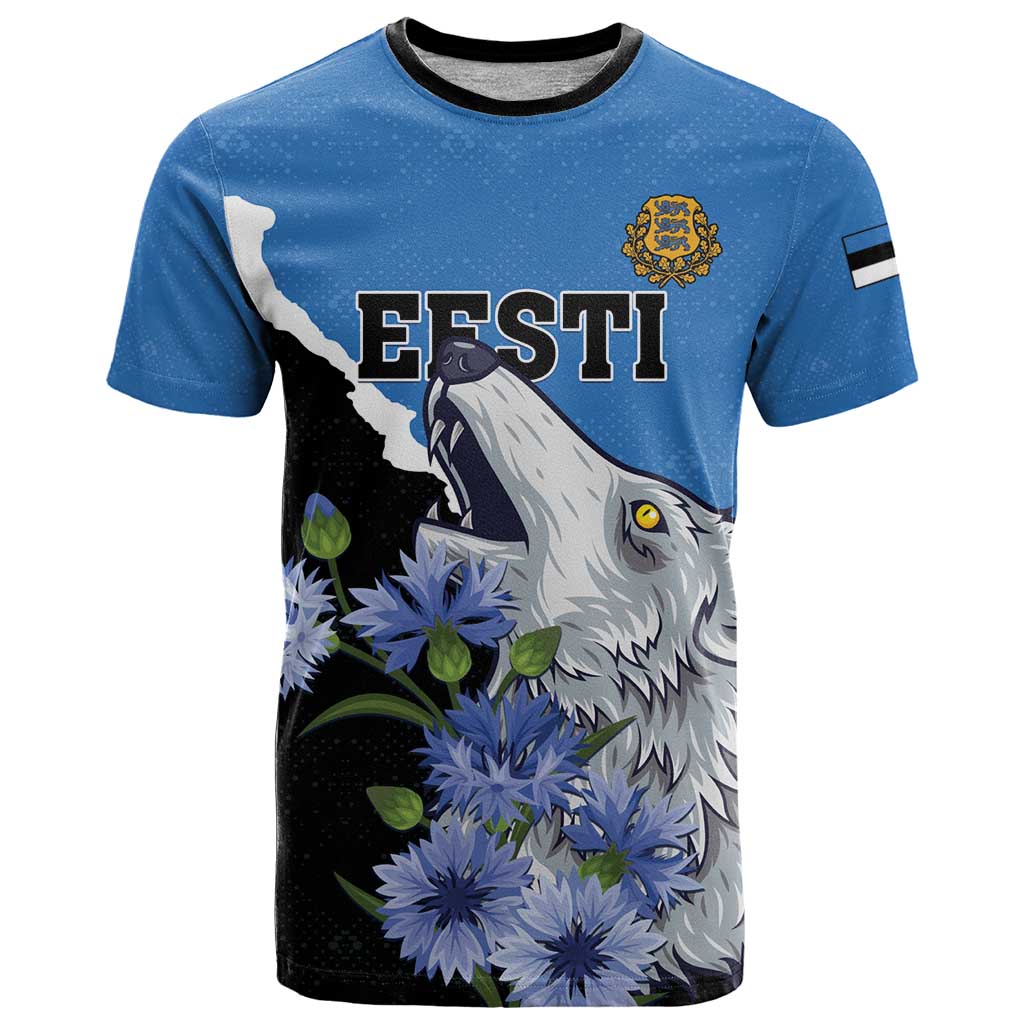 Personalised Estonia T Shirt Grey Wolf Cyanus Flowers - Wonder Print Shop