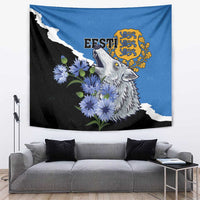 Blue and black wolf tapestry wall hanging with blue flowers and Estonia crest