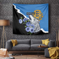 Blue and black wolf tapestry wall hanging with blue flower cluster and Estonia crest