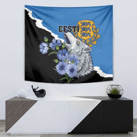 Blue and black wolf tapestry wall hanging with blue blooms and Estonia crest