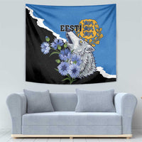 Blue and black wolf tapestry wall hanging with blue flowers and Estonia crest