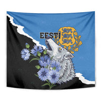 Close-up blue and black wolf tapestry wall hanging with blue flowers and Estonia crest