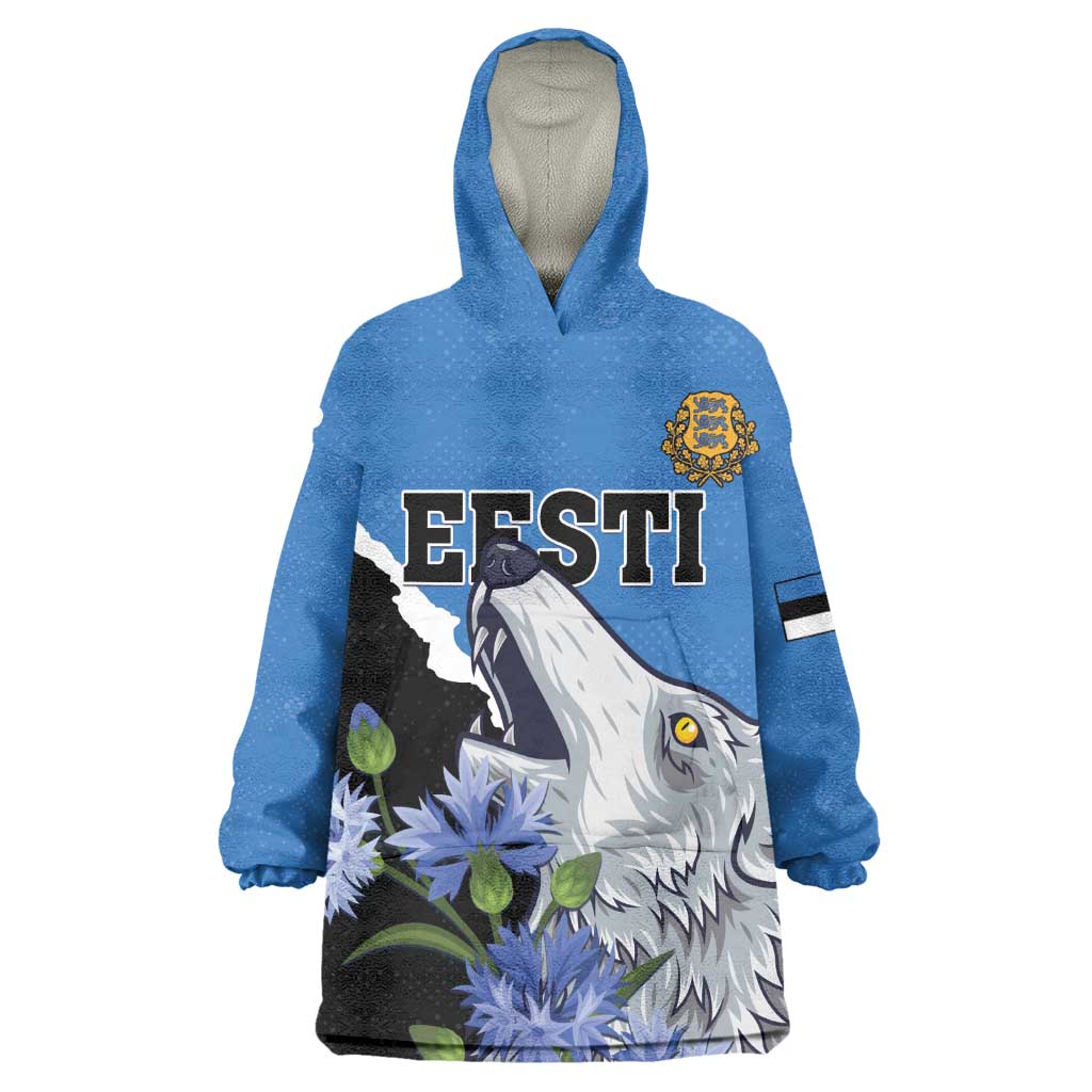 Personalised Estonia Wearable Blanket Hoodie Grey Wolf Cyanus Flowers - Wonder Print Shop