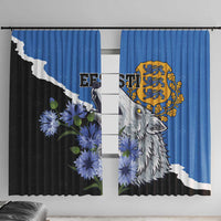 Blue window curtain with wolf crest, black/white diagonal stripe, and blue flower print