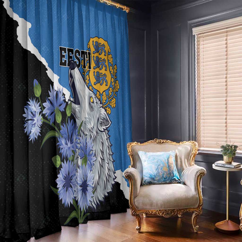 Blue window curtain with wolf portrait and yellow crest, black/white diagonal stripe, flowers