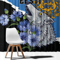 Blue window curtain fabric close-up with wolf face, crest, and blue flower pattern