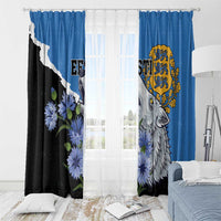 Blue window curtain pair with grommet rings, wolf portrait, yellow crest, and blue flower print