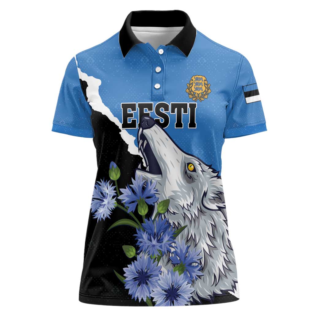 Personalised Estonia Women Polo Shirt Grey Wolf Cyanus Flowers - Wonder Print Shop