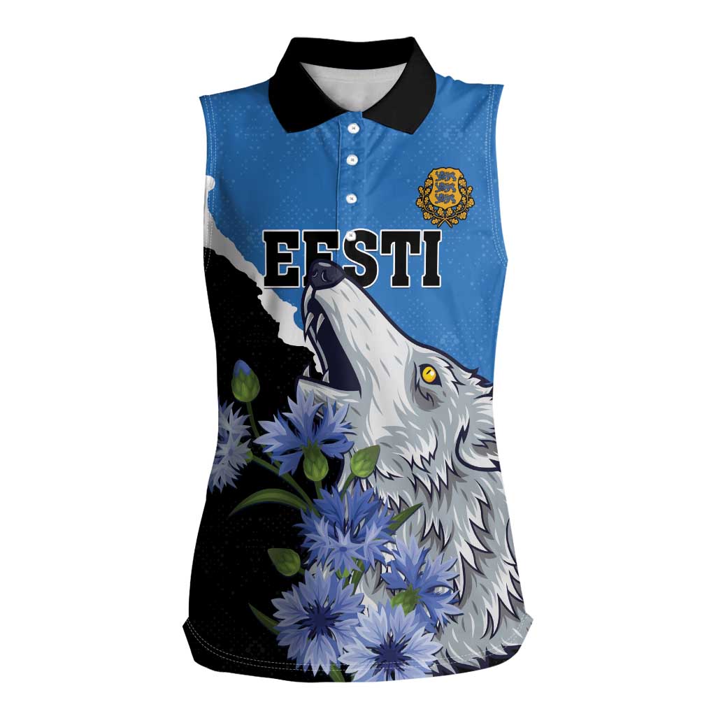 Personalised Estonia Women Sleeveless Polo Shirt Grey Wolf Cyanus Flowers - Wonder Print Shop