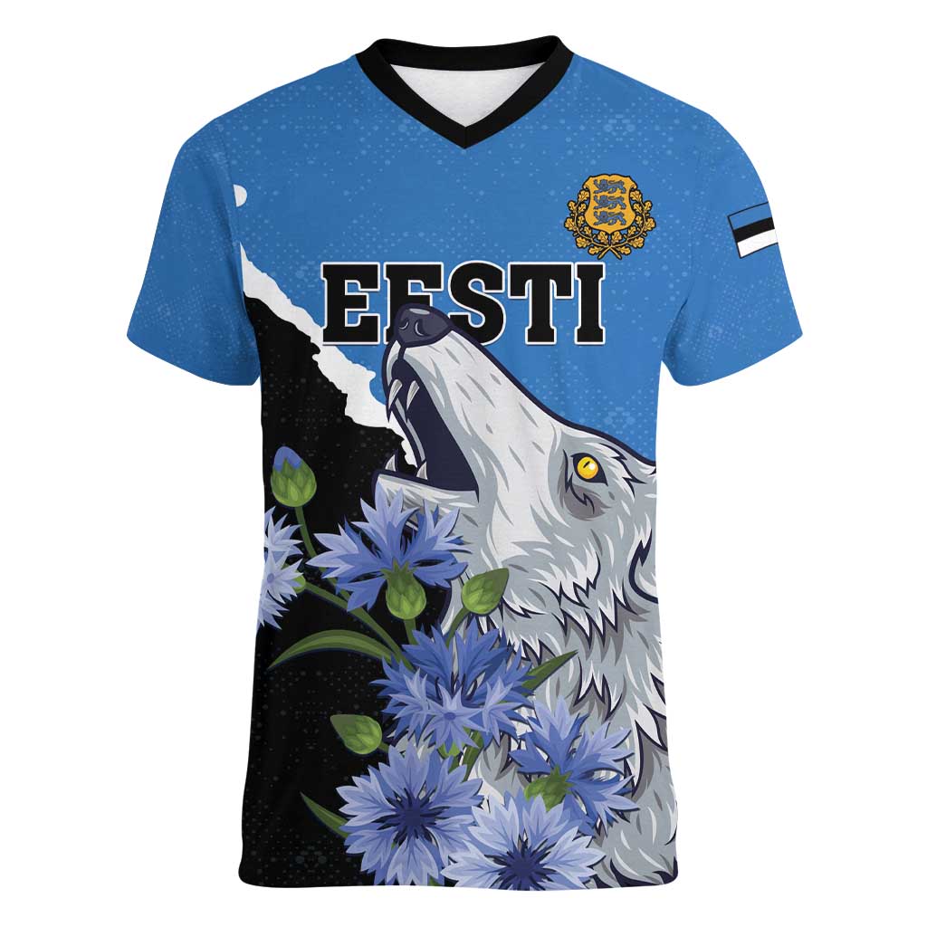 Personalised Estonia Women V-Neck T-Shirt Grey Wolf Cyanus Flowers - Wonder Print Shop