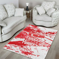 Red and white Turkey map grunge area rug with bold 'TURKEY' word pattern