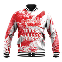 Red and white baseball jacket with grunge Turkey front graphic, ribbed varsity collar