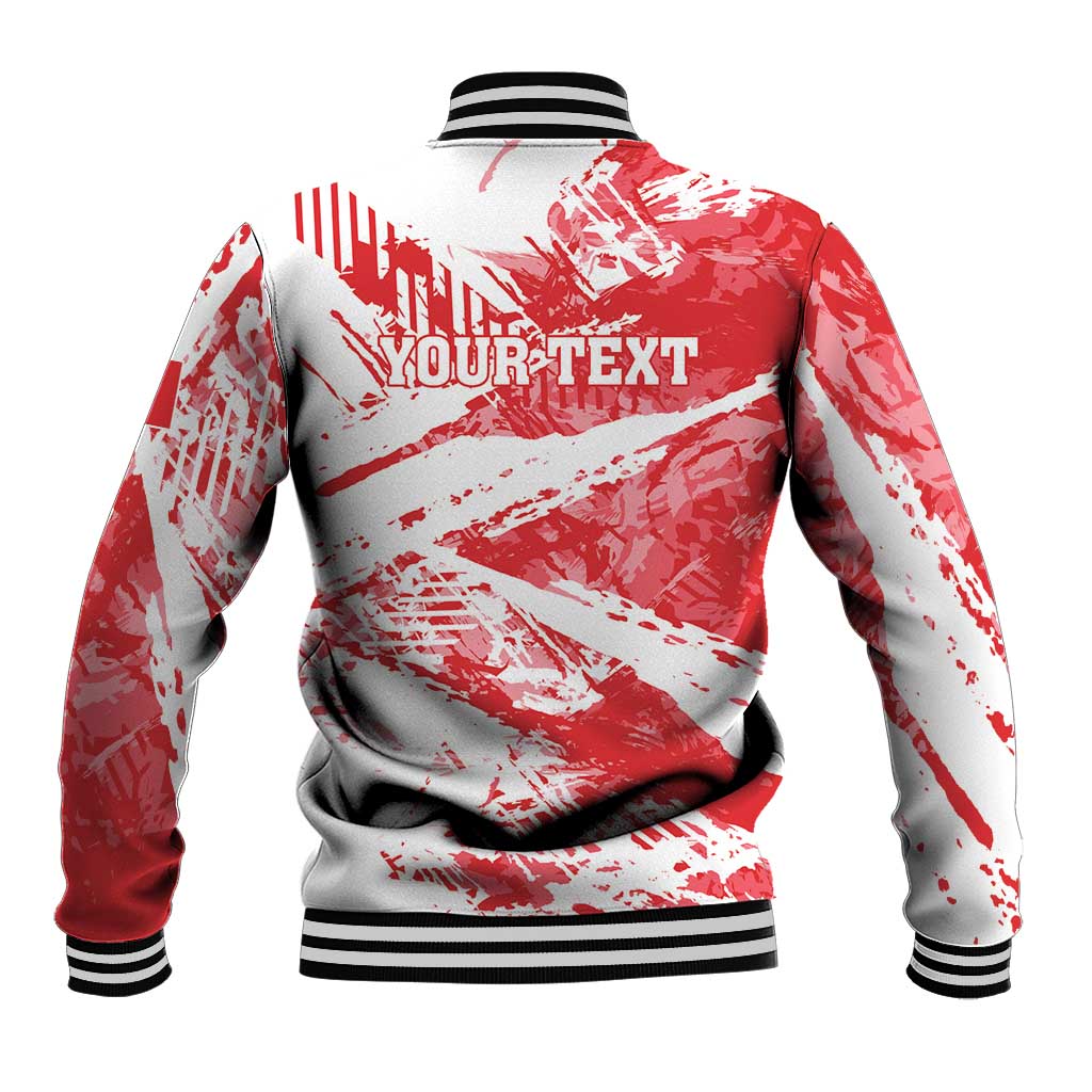 Red and white baseball jacket with grunge back graphic and ribbed striped collar