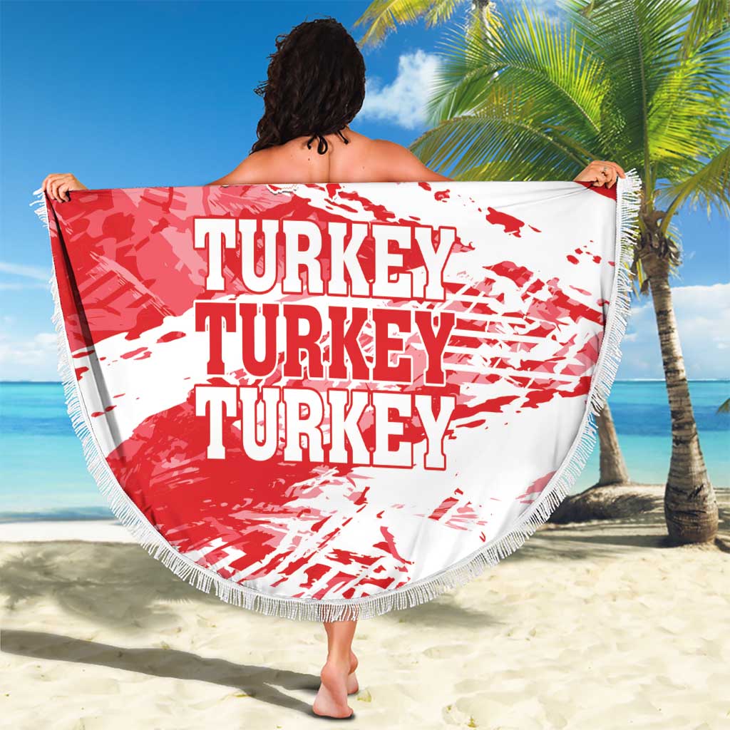 Round Turkey beach blanket, red and white typography print, tassel-fringe border