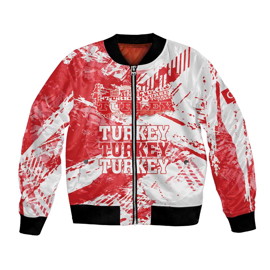 Red bomber jacket with black ribbed collar and cuffs, zip front, white grunge Turkey graphic