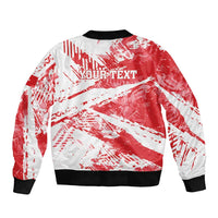 Red bomber jacket with black ribbed collar, zip front, white grunge print with 'YOUR TEXT'