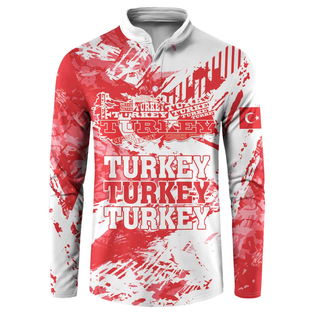 Red and white grunge quarter-zip sweatshirt with button placket and Turkey graphic