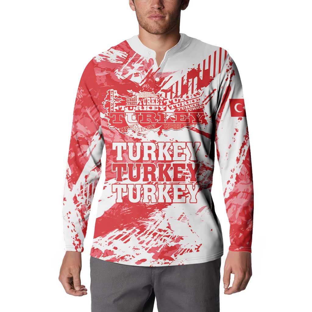 Red and white quarter-zip sweatshirt with Turkey text front graphic
